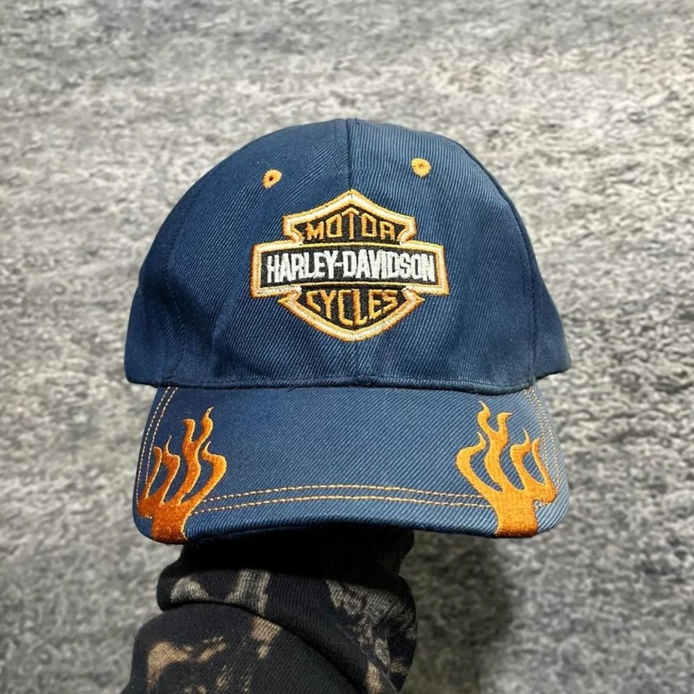 Vintage Harley Davidson Hat Embroidered Flames Y2K Grunge Bike Blue Orange